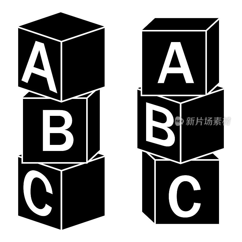 木制的字母立方体与字母A, B, C，颜色向量孤立的插图